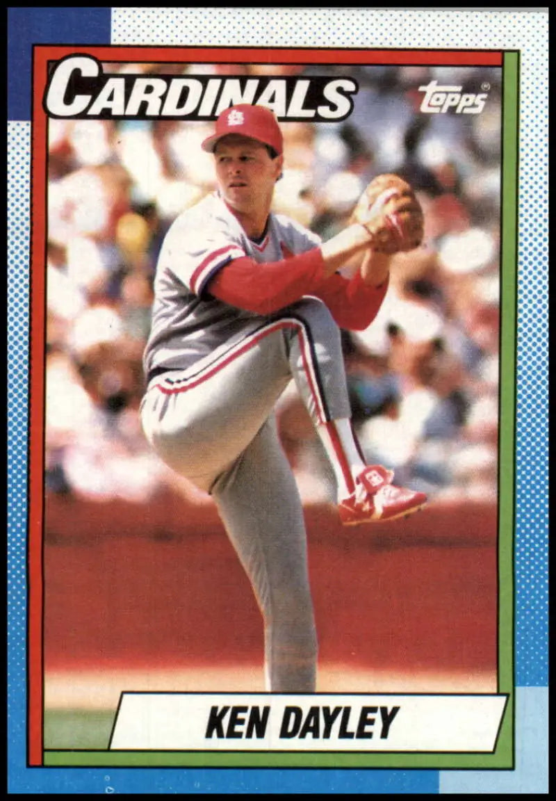 Ken Dayley mid-delivery on a 1990 Topps baseball card for St. Louis Cardinals