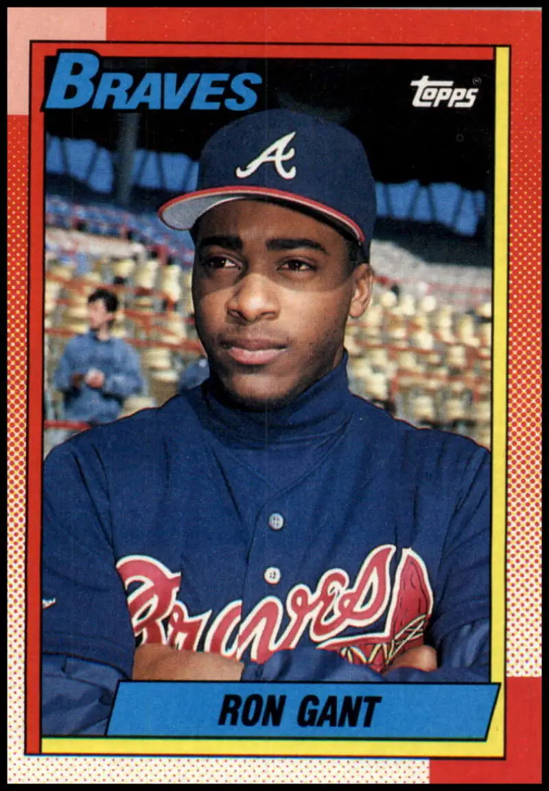 1990 Topps Ron Gant Atlanta Braves baseball card with player in navy team jacket