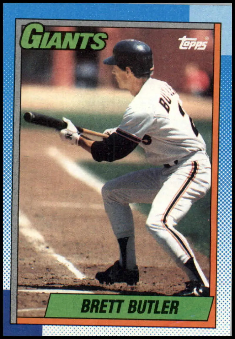 1990 Topps baseball card of Brett Butler laying down a bunt for San Francisco Giants