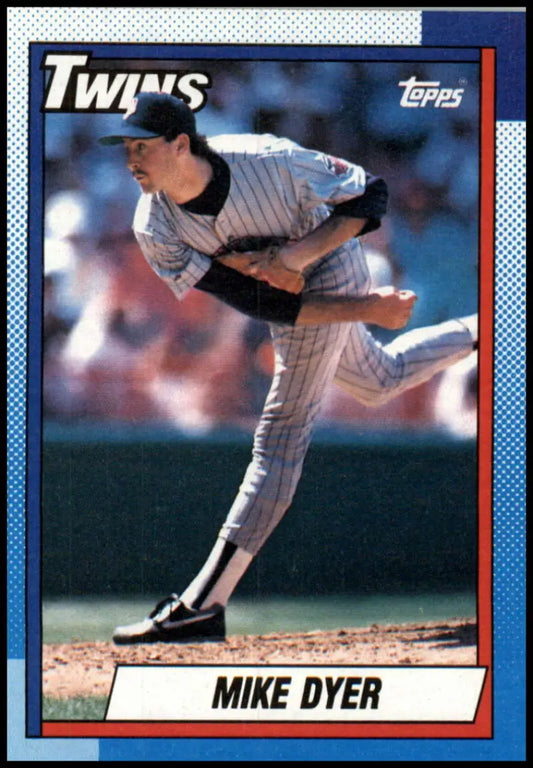 Mike Dyer mid-delivery as Minnesota Twins pitcher on 1990 rookie baseball card