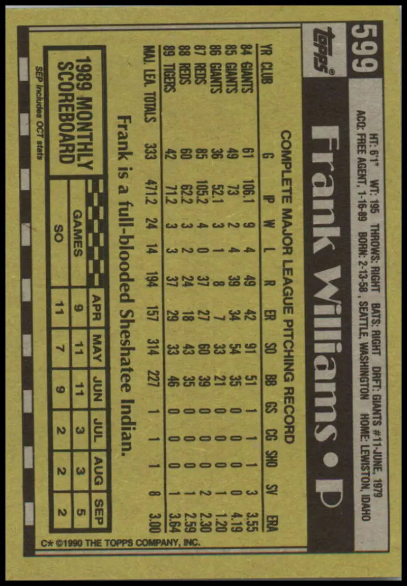 Frank Williams Card featuring player stats in black and yellow for Detroit Tigers