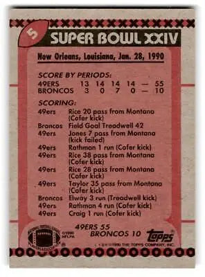 Back of 1990 Topps #5a trading card featuring Super Bowl XXIV details