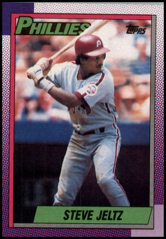 1990 Topps Baseball Card of Steve Jeltz batting for the Philadelphia Phillies