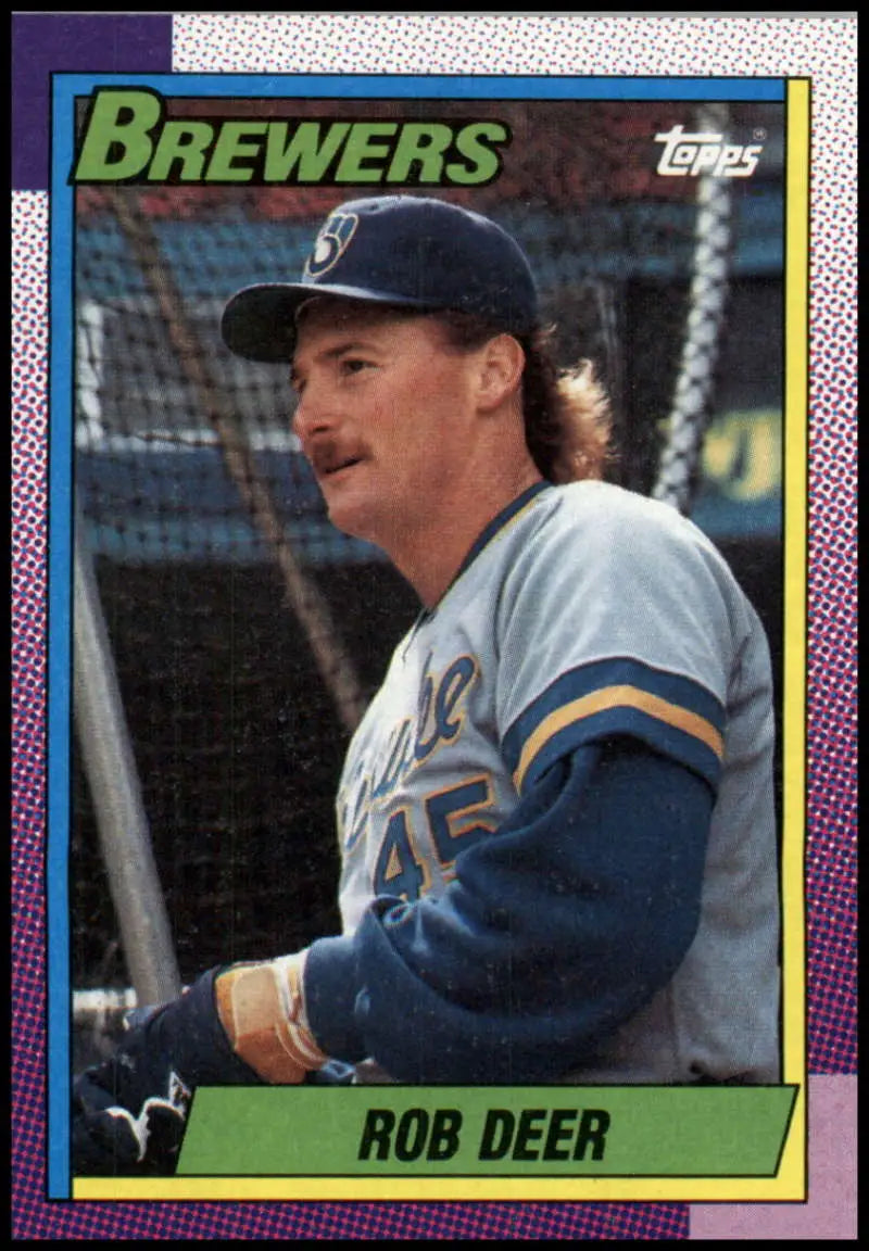 1990 Topps Rob Deer Milwaukee Brewers Baseball Card with mustache and mullet hairstyle