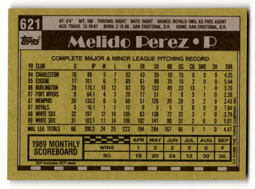 Original gloss Melido Perez baseball card from 1990 Topps #621 featuring Simply Sandoval