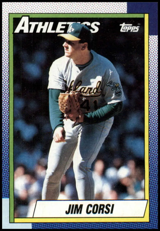 1990 Topps Jim Corsi baseball card featuring Oakland Athletics pitcher in white uniform