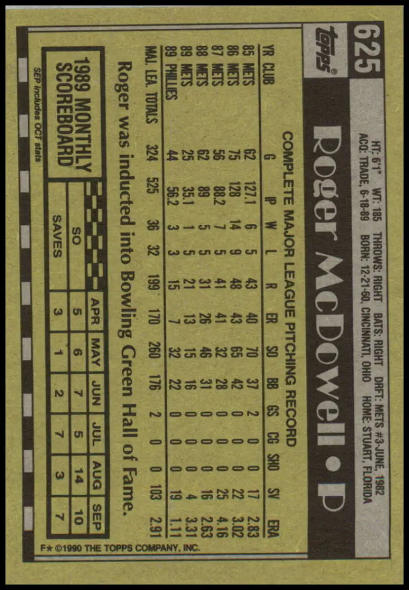 1990 Topps #625 Roger McDowell Phillies Baseball Card in black and gold color scheme