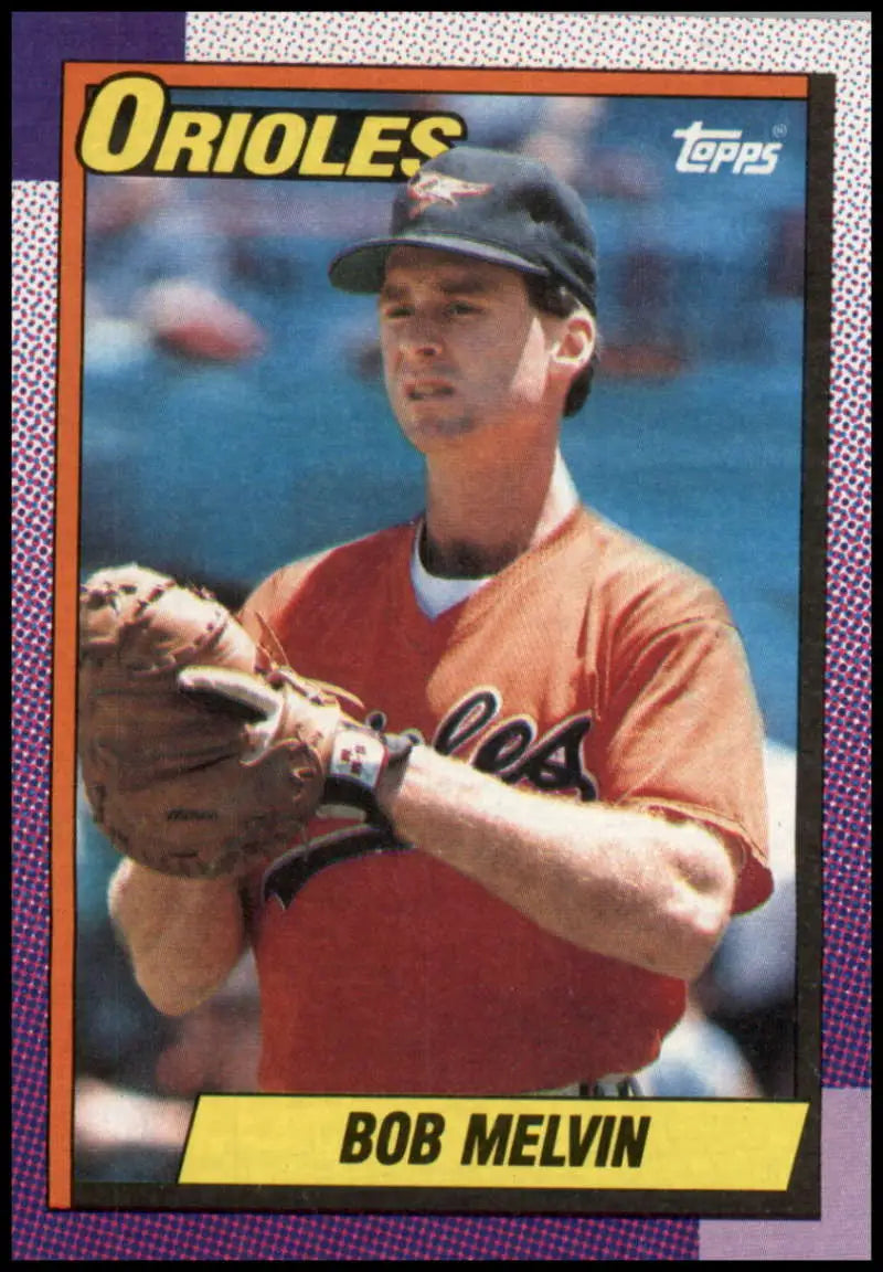 1990 Topps #626 Bob Melvin baseball card featuring Baltimore Orioles player in orange jersey