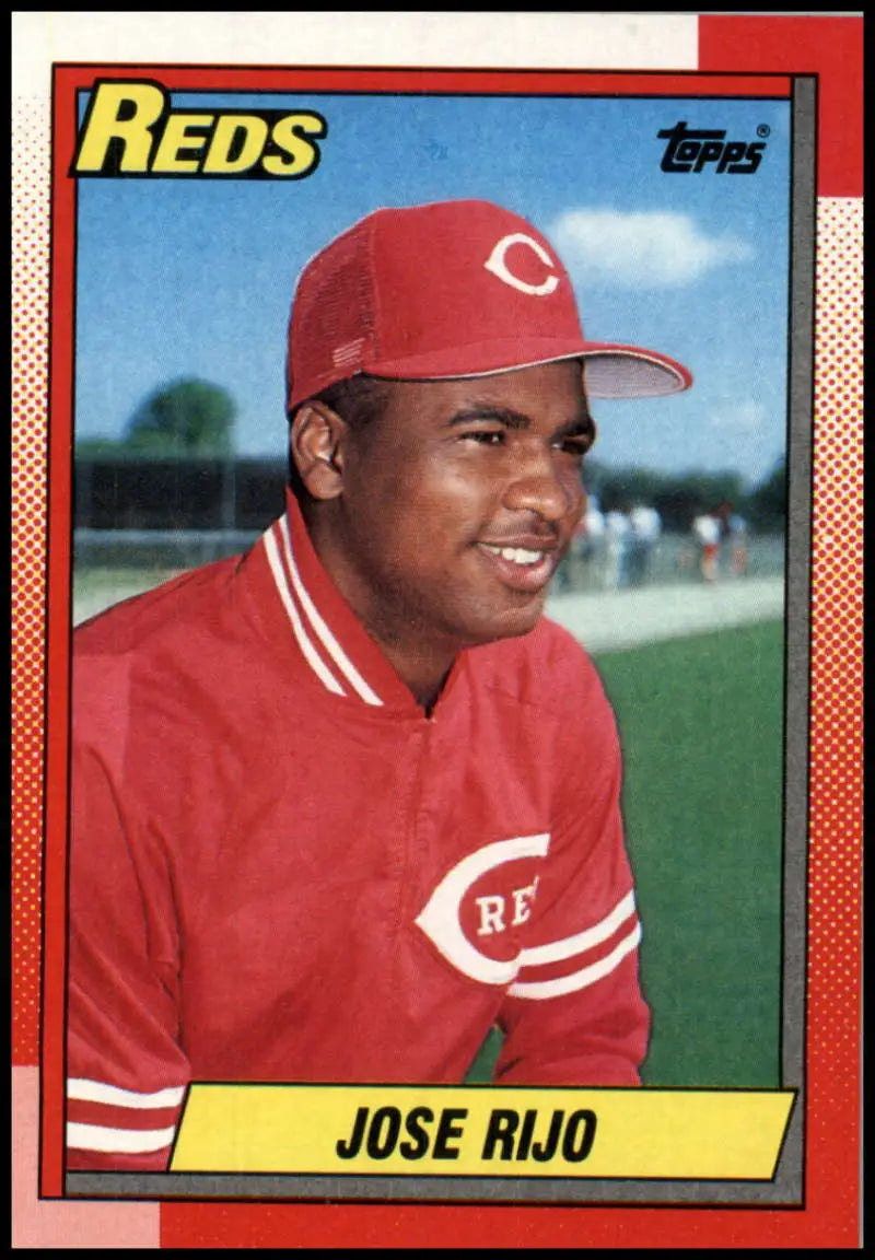 1990 Topps #627 Jose Rijo Cincinnati Reds Baseball Card in red uniform and cap