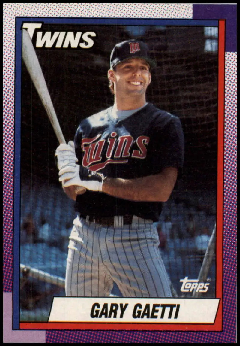 1990 Topps Gary Gaetti baseball card featuring Minnesota Twins pinstriped uniform