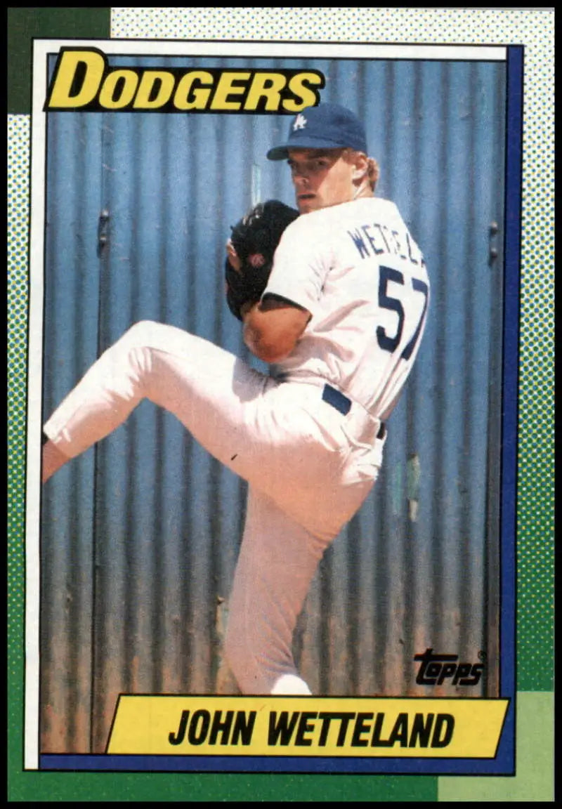 Baseball card of John Wetteland, Dodgers pitcher number 57 in windup motion