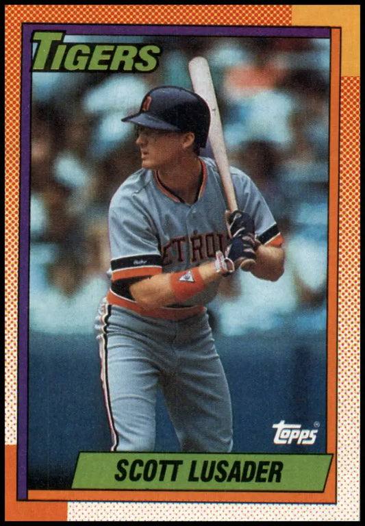 1990 Topps Baseball Card of Scott Lusader in Detroit Tigers Gray Uniform at Bat