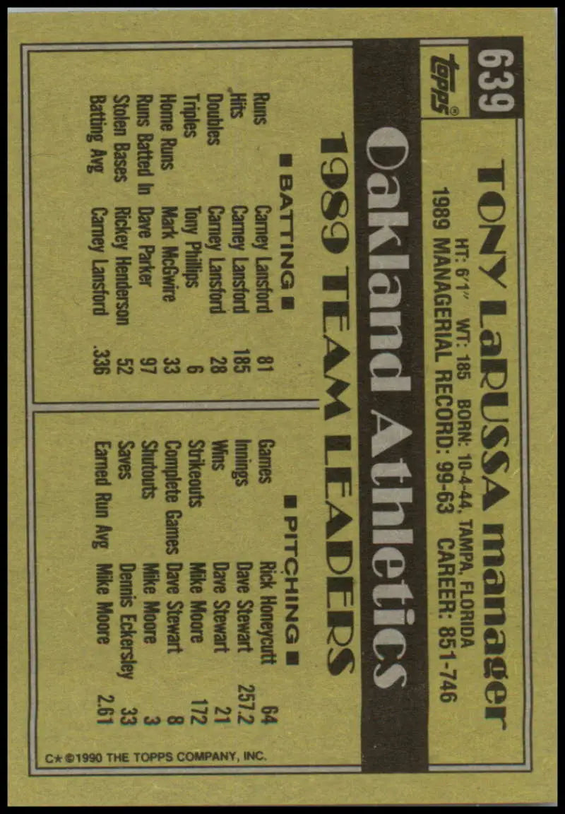 Vintage 1990 Topps Tony LaRussa Oakland Athletics Baseball Card on gold background