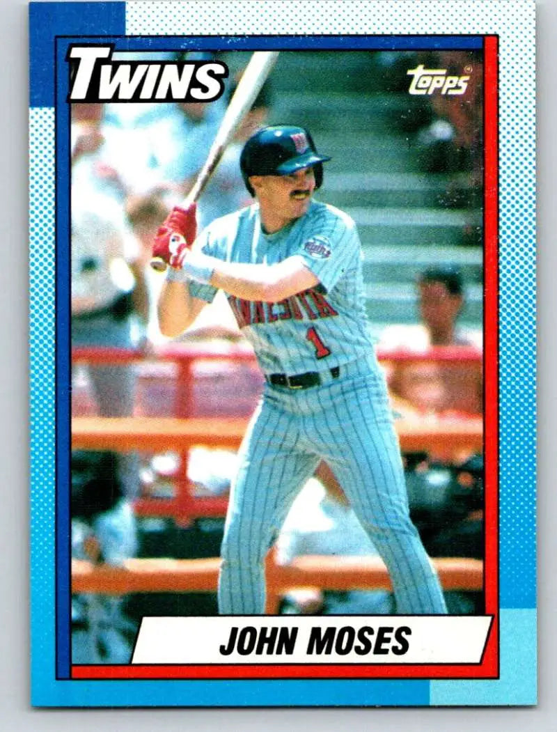 1990 Topps John Moses Baseball Card featuring Minnesota Twins player at bat in uniform