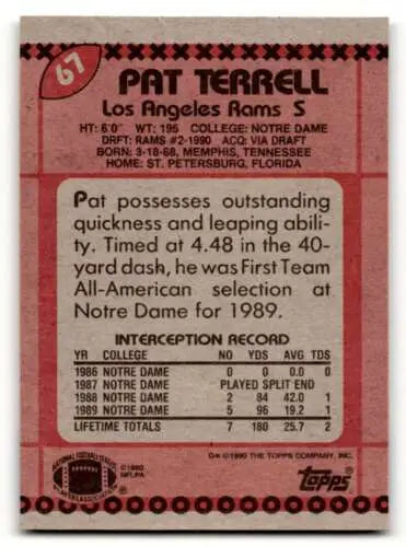 1990 Topps #67 Pat Terrell Los Angeles Rams football card with original gloss finish