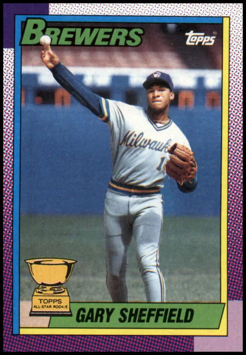 1990 Topps baseball card of Gary Sheffield, Milwaukee Brewers pitcher in white uniform
