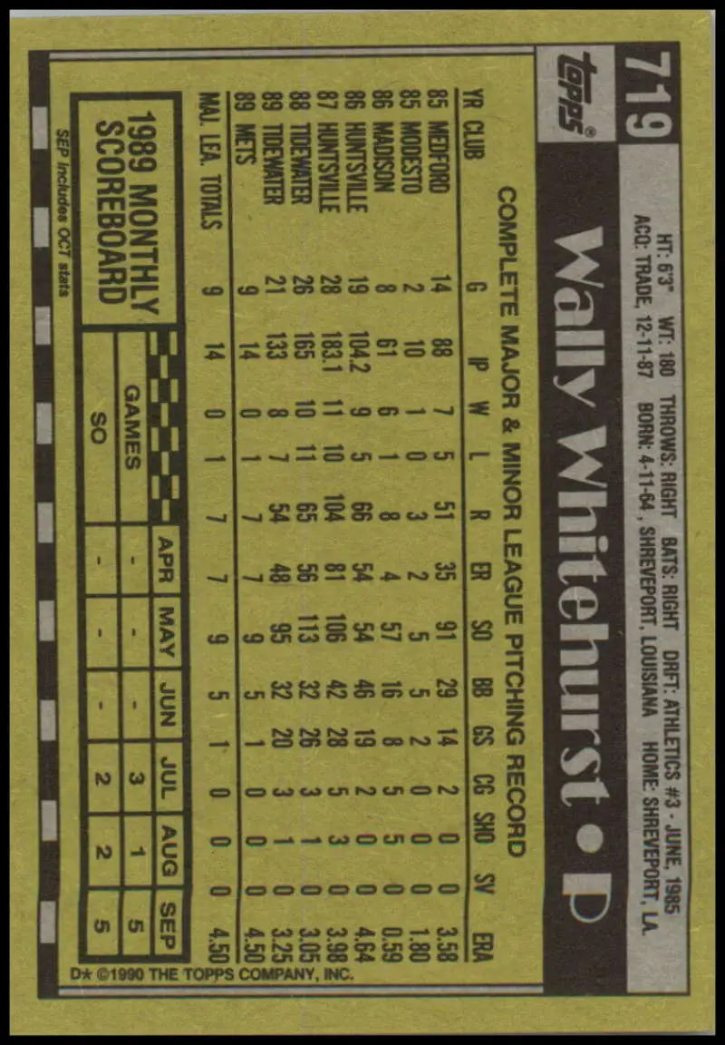 Baseball card featuring Wally Whitehurst stats on yellow background, New York Mets