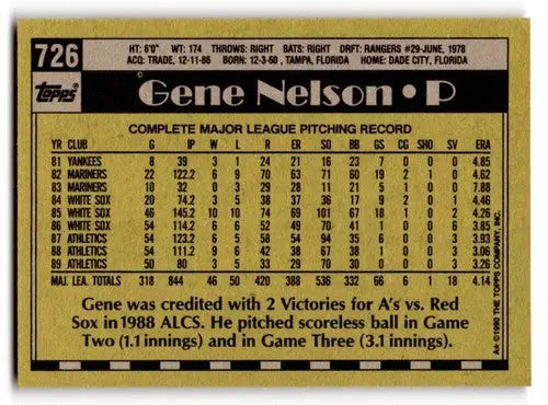 Original gloss of Gene Nelson Oakland baseball card from 1990 Topps #726