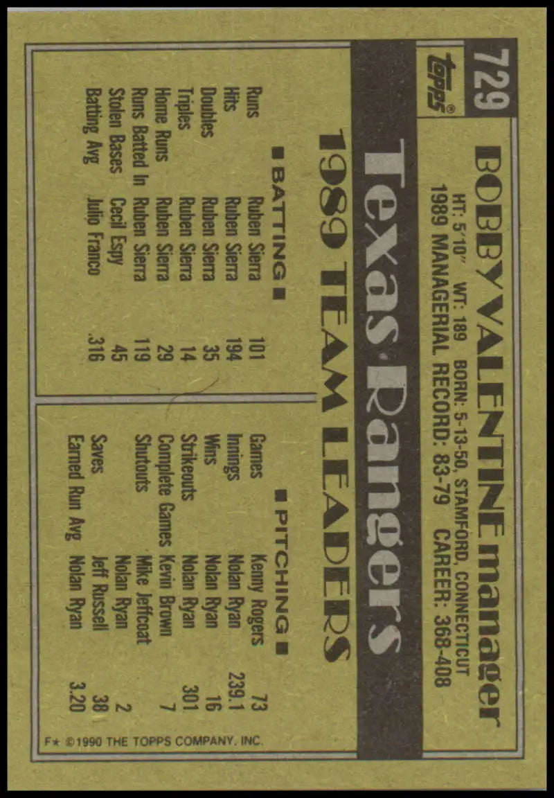 Vintage 1990 Topps Baseball Card featuring Bobby Valentine of the Texas Rangers