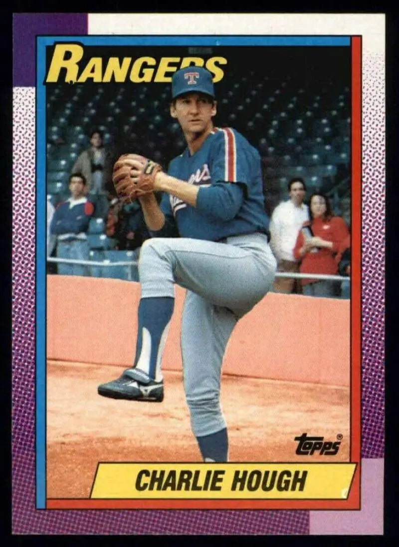 Vintage 1990 Topps Charlie Hough Texas Rangers baseball card in mid-windup