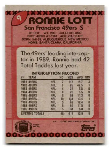 1990 Topps #9 Ronnie Lott football card, original gloss, mint 49ers condition