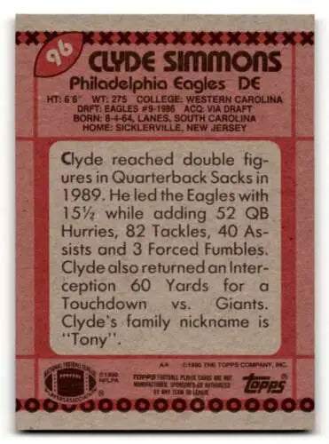 Clyde Simmons Philadelphia Eagles football card with original gloss from 1990 Topps