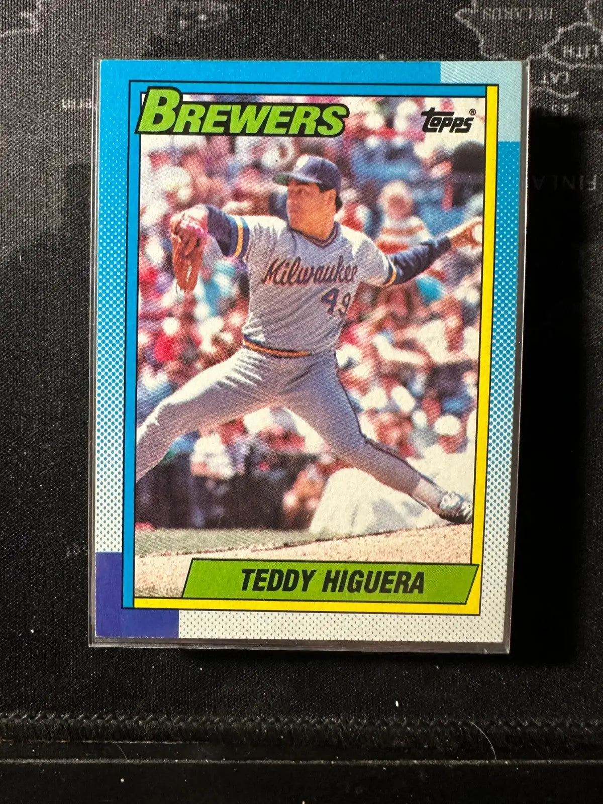 Teddy Higuera 1990 Topps Baseball trading card with Milwaukee Brewers blue yellow border