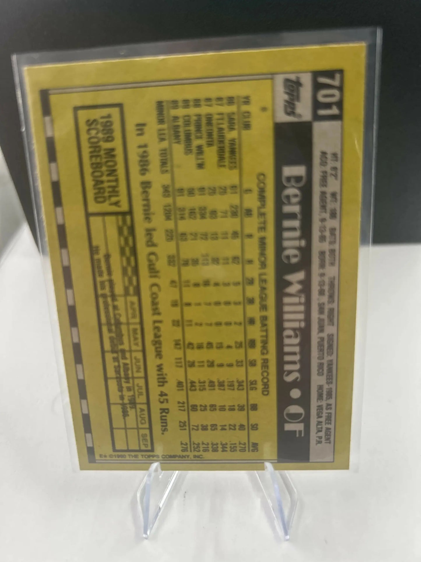 1990 Topps Bernie Williams rookie baseball card featuring Topps Bernie Williams memorabilia
