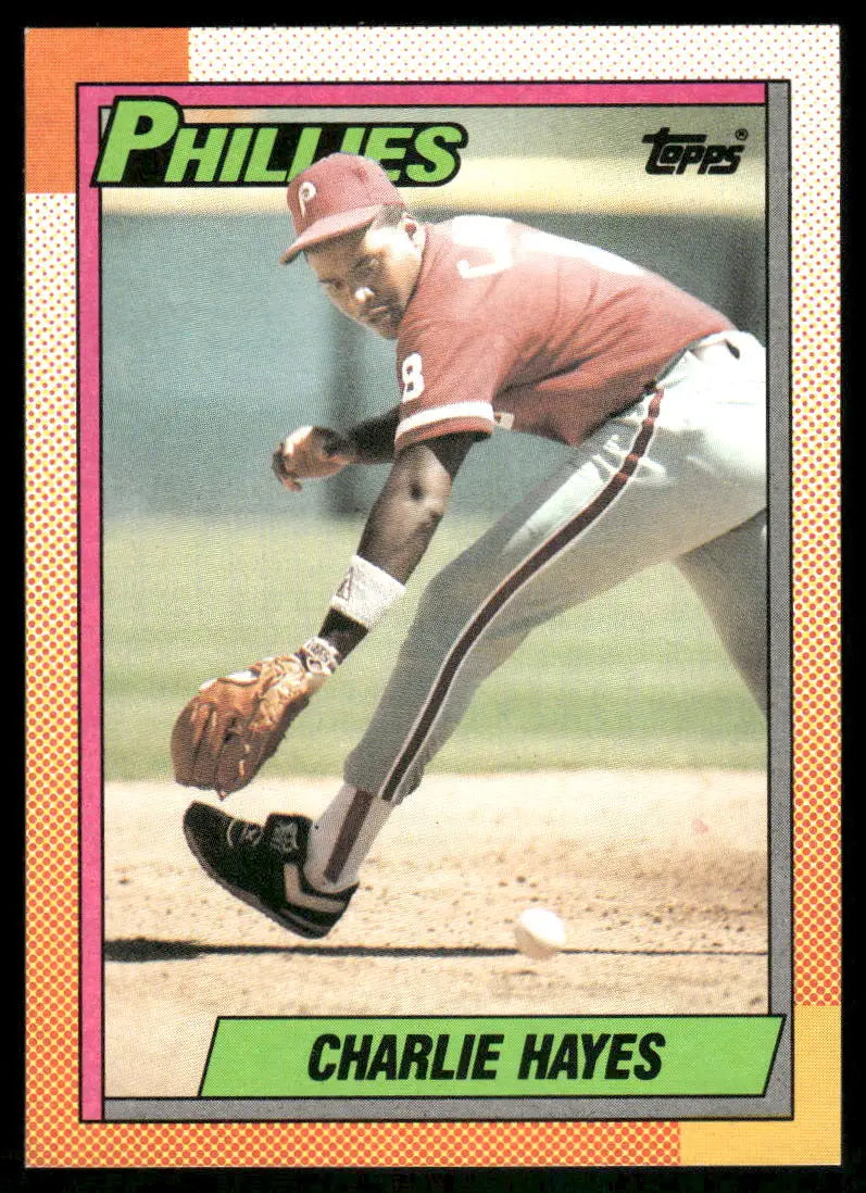 Vintage baseball card of Charlie Hayes with the Phillies from 1990 Topps Charlie Hayes series