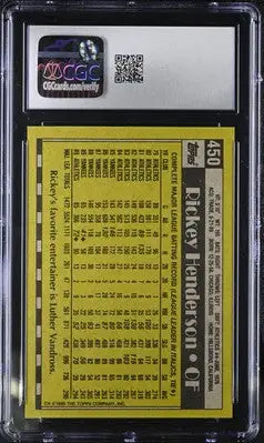 Graded 1990 Topps Rickey Henderson #450 Baseball Card in CGC 8 condition