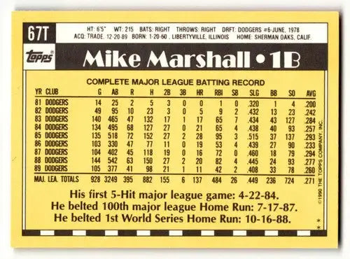 Vintage 1990 Topps Traded 67T Mike Marshall New York Mets baseball card with stats