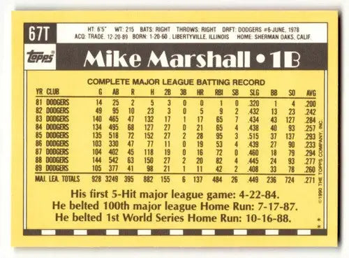 Back of 1990 Topps Traded #67T Mike Marshall baseball card with career stats and highlights