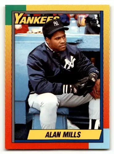 Baseball card of Alan Mills in Yankees uniform from 1990 Topps Traded series