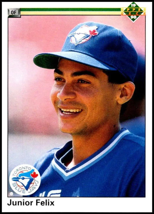 Smiling Junior Felix in Toronto Blue Jays uniform on 1990 Upper Deck baseball card