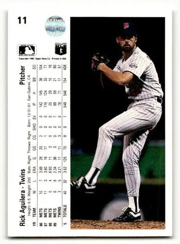 Vintage 1990 Upper Deck Rick Aguilera Minnesota Twins baseball card with stats and photo