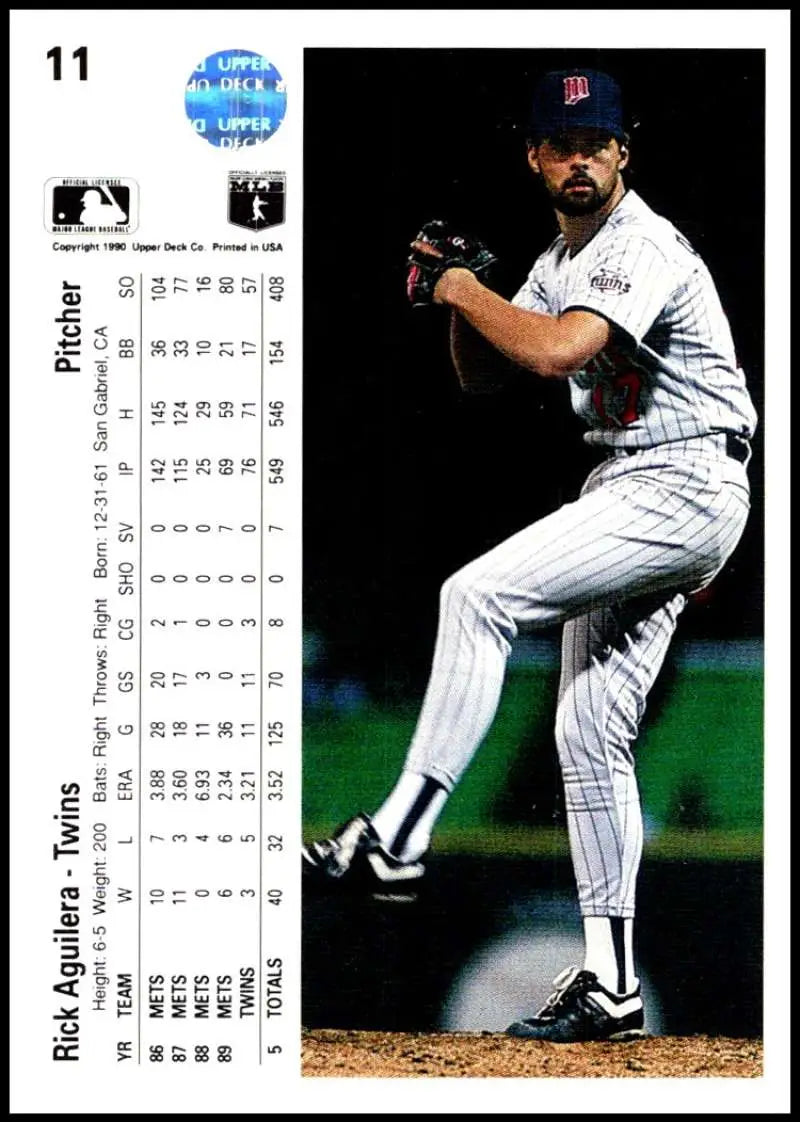 Rick Aguilera delivers a pitch in his Minnesota Twins uniform on this baseball card