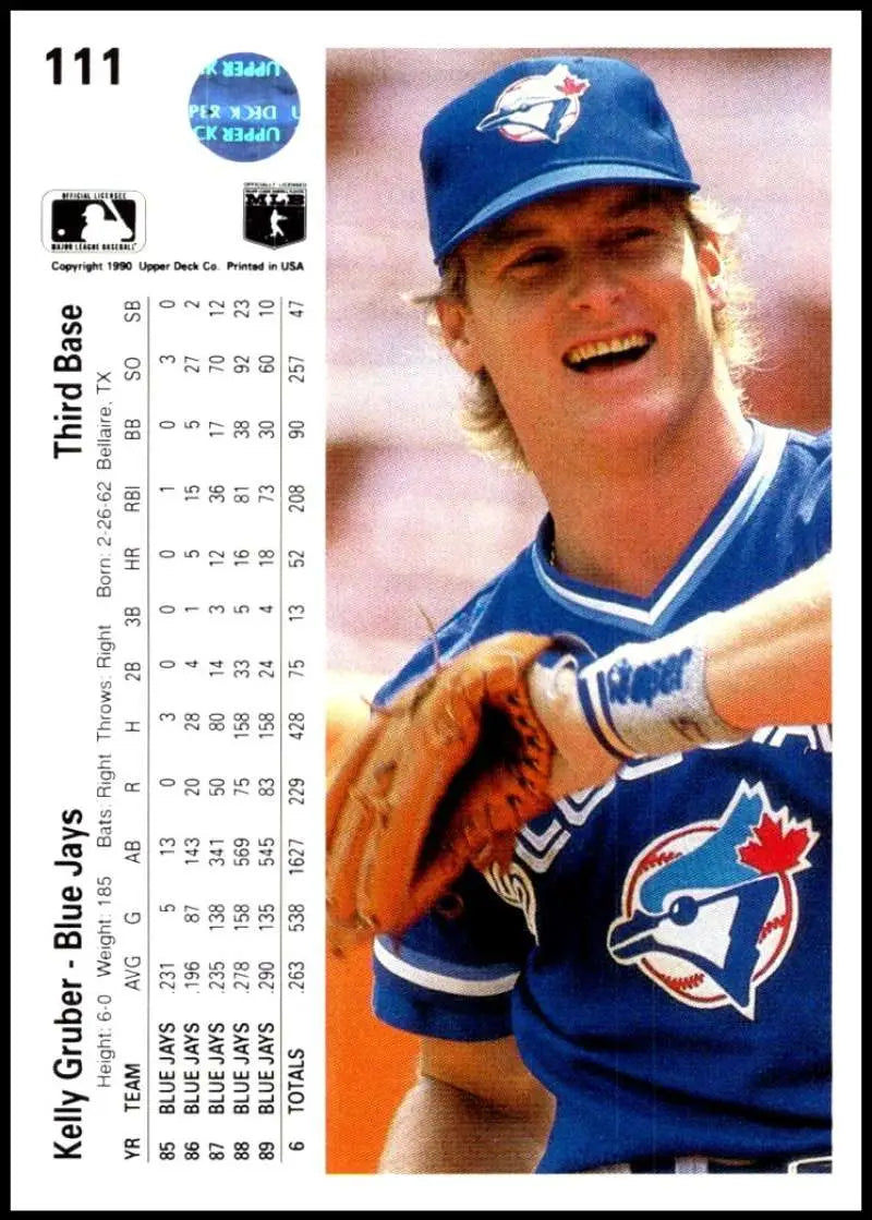 1990 Upper Deck Kelly Gruber Blue Jays baseball card in blue uniform and cap