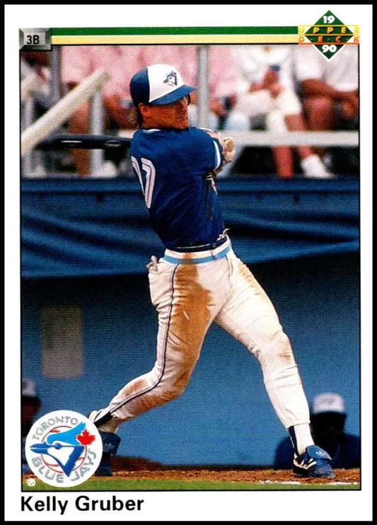 Kelly Gruber mid-swing in Toronto Blue Jays uniform on 1990 baseball card