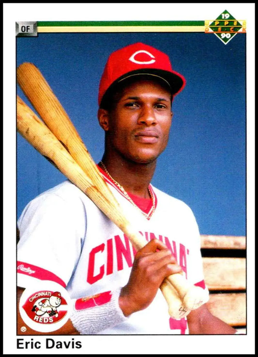 Cincinnati Reds baseball player Eric Davis in white uniform with bat on card image
