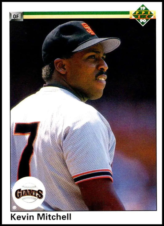 Baseball card of Kevin Mitchell in white San Francisco Giants uniform with number 7