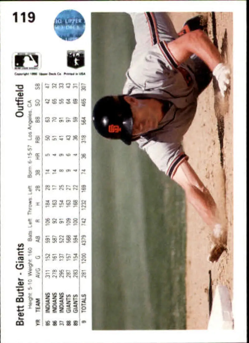 Brett Butler sliding into base on 1990 Upper Deck San Francisco Giants Baseball Card