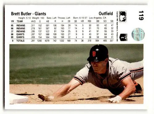 Original gloss Brett Butler San Francisco Giants baseball card sliding into base with stats
