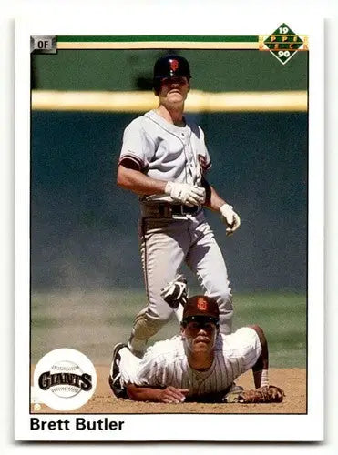Vintage baseball card showing two players on the field, featuring Brett Butler San Francisco Giants