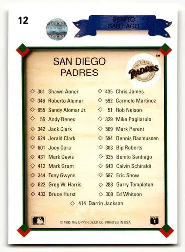 Back of 1990 Upper Deck Benito Santiago San Diego Padres baseball card with roster info