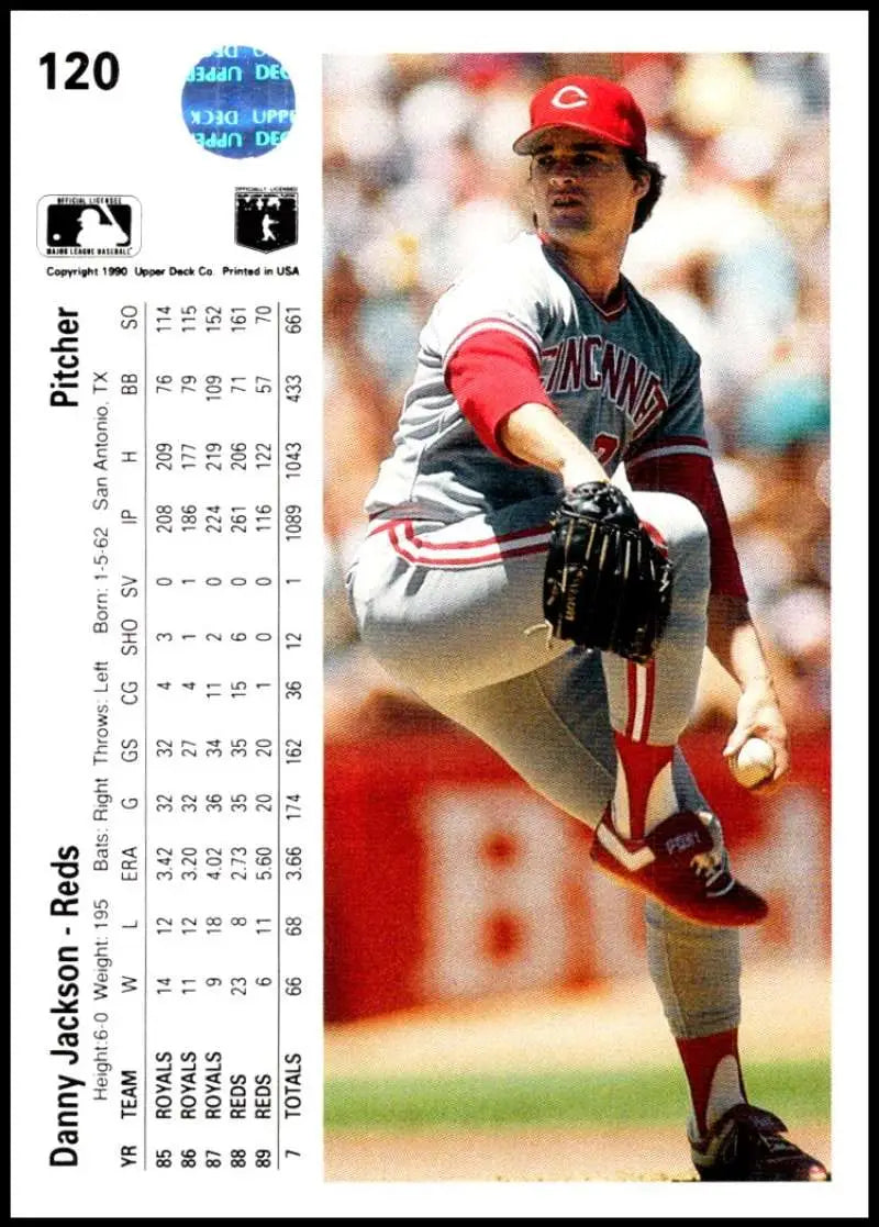Cincinnati Reds baseball card featuring Danny Jackson in mid-throwing motion
