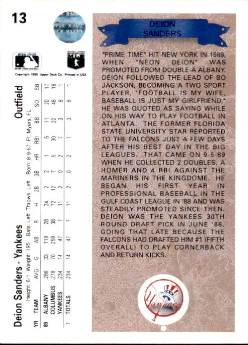 Back of 1990 Upper Deck Deion Sanders Baseball Card with Yankees logo and stats