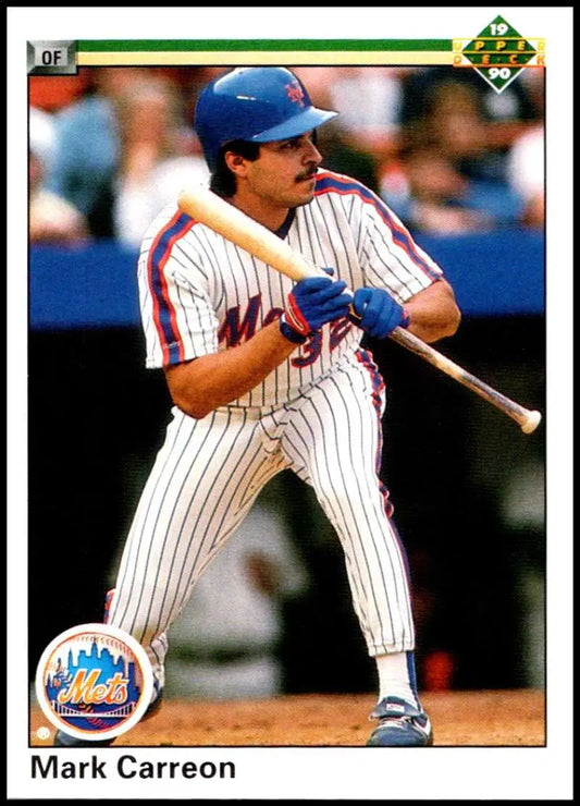 Mark Carreon in New York Mets pinstriped uniform at bat on baseball card