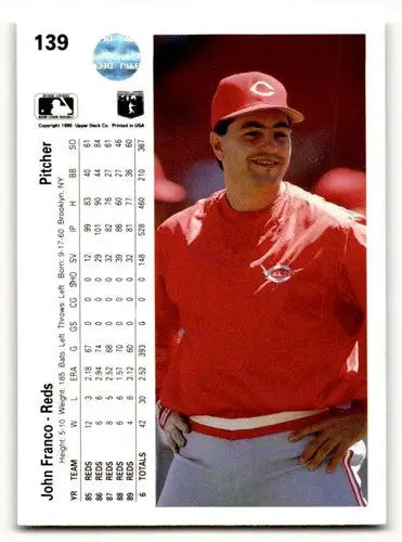 Baseball card featuring John Franco Cincinnati Reds player from 1990 Upper Deck series