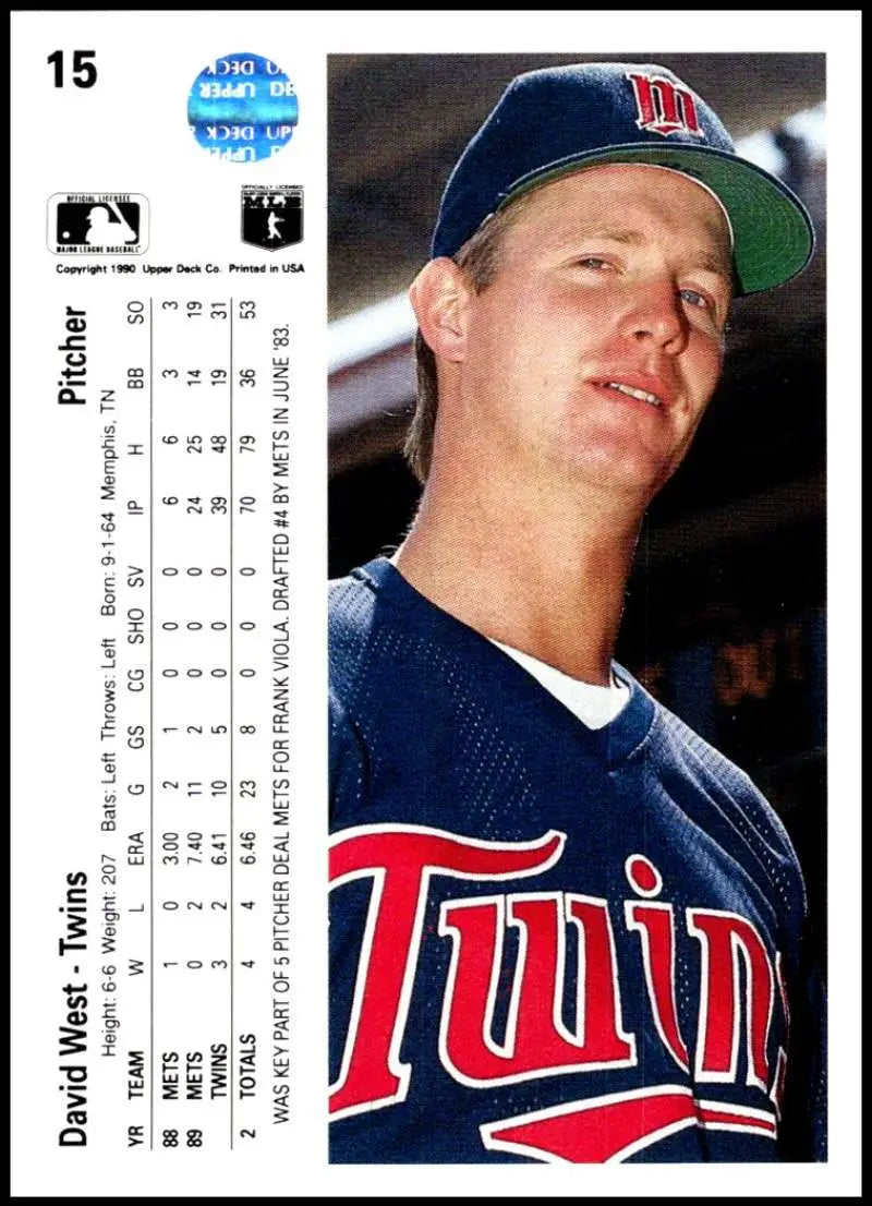 Baseball card of David West in Minnesota Twins navy uniform with logo