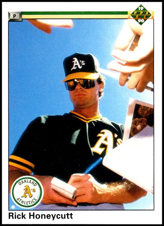 Oakland Athletics baseball card of Rick Honeycutt in green and gold uniform